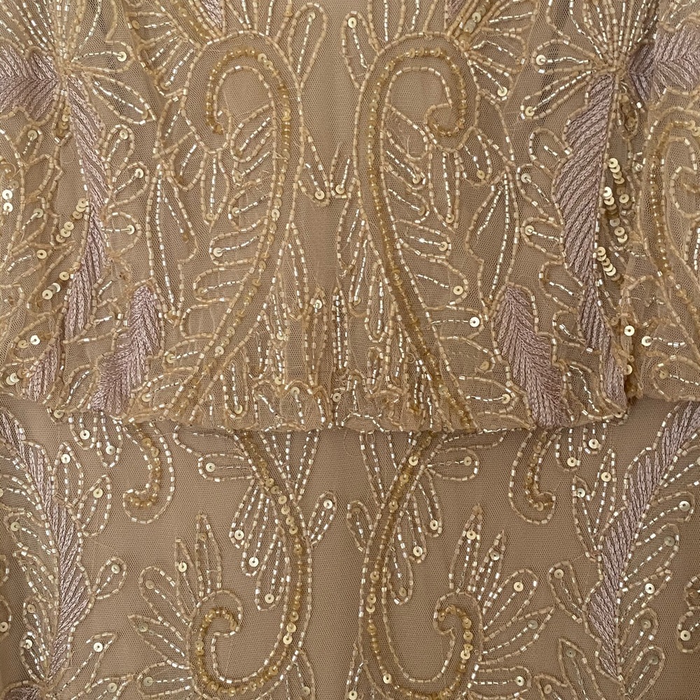 Adrianna Papell —Filigree Beaded Blouson Dress with V Neck in Champagne - Picture 2 of 4